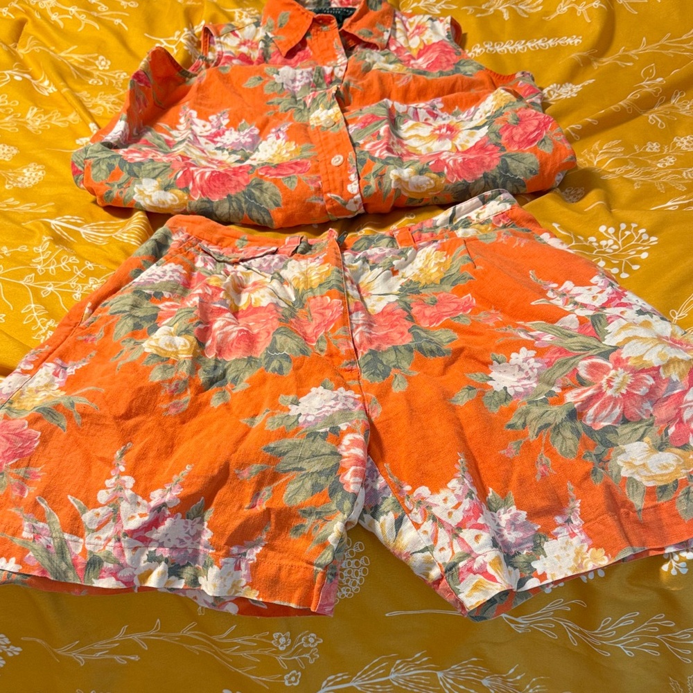 Vintage Ralph Lauren Orange Floral Linen Blouse and Shorts Set